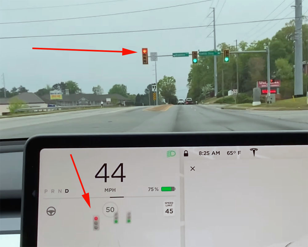Tesla traffic light control red arrow wrong